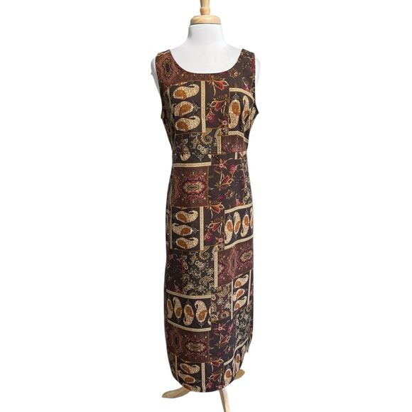RK ORIGINALS 90s y2K Brown Fall Whimsy Print Maxi Sleeveless Tie Back Dress 14 - Picture 1 of 5